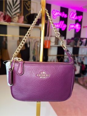 Coach Pebbled Leather Mini Bag in Plum Purple with Gold Chain
